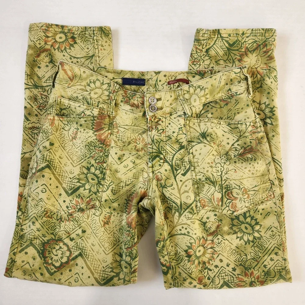 PILCRO The Wanderer Women's Size 27 Floral Print‎ Pants Boho Style Yellow Green
